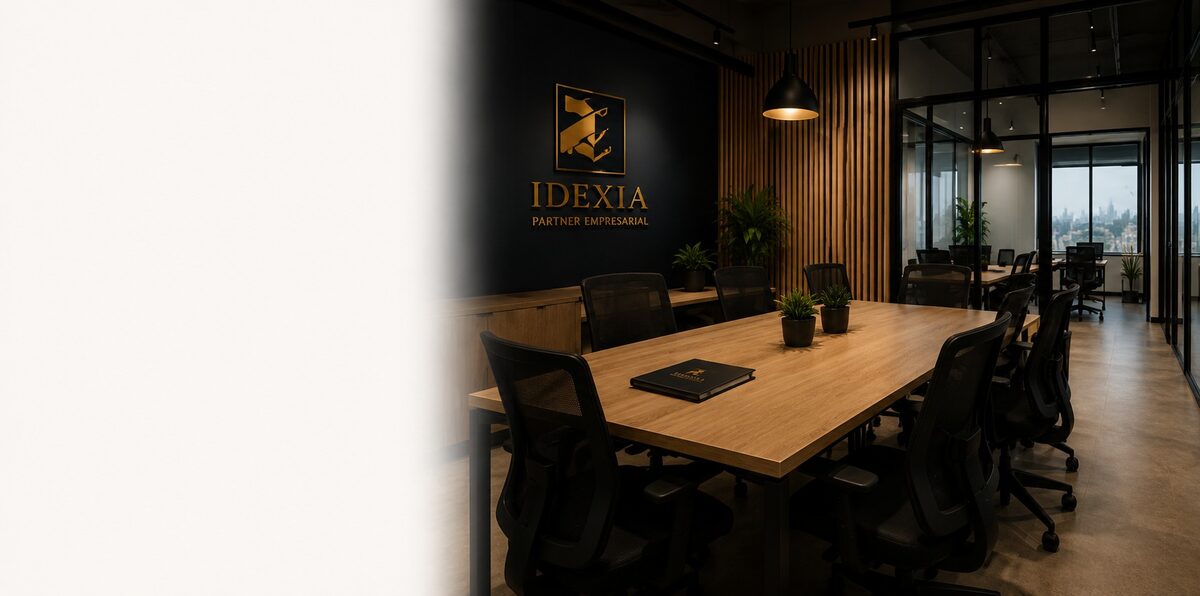 La sala de juntas de IDEXIA, con la mesa vacía preparada para una reunión bajo el rótulo de la firma