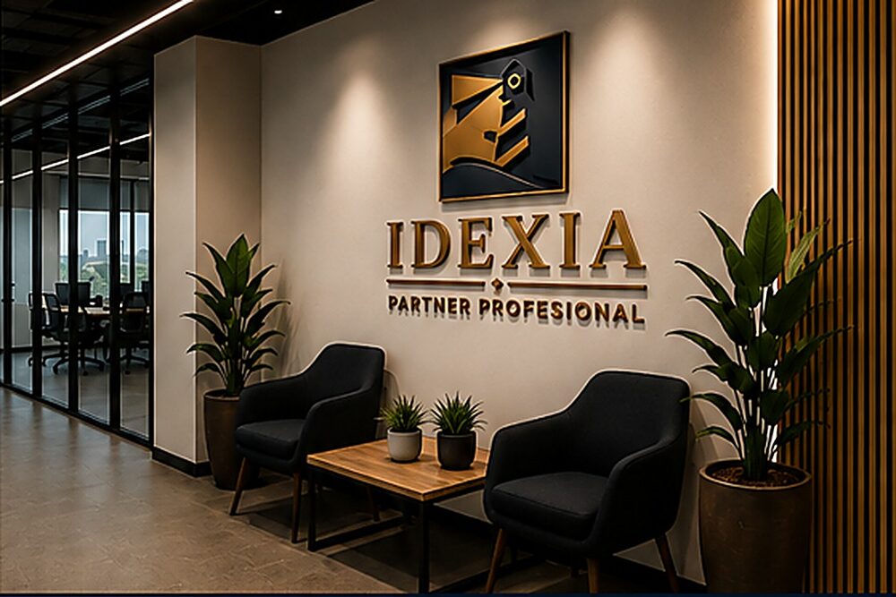 La zona de espera de IDEXIA, con el rótulo de la firma iluminado sobre dos butacas