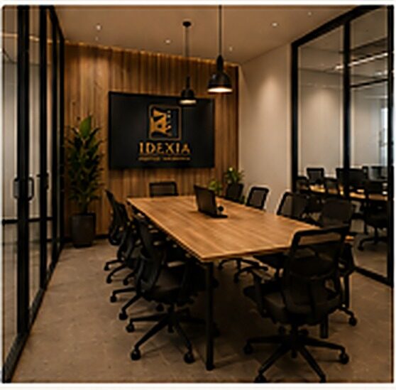 La sala de reuniones de IDEXIA, con una larga mesa de madera bajo una lámpara colgante