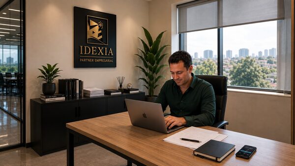 Un asesor trabajando en su mesa en la oficina de IDEXIA, junto a una ventana