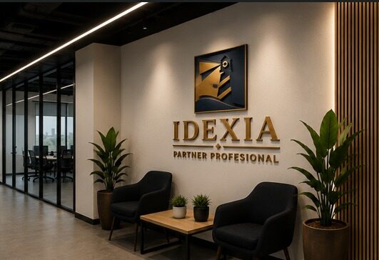 Zona de recepción de la oficina de IDEXIA, con butacas y el rótulo de la firma en la pared