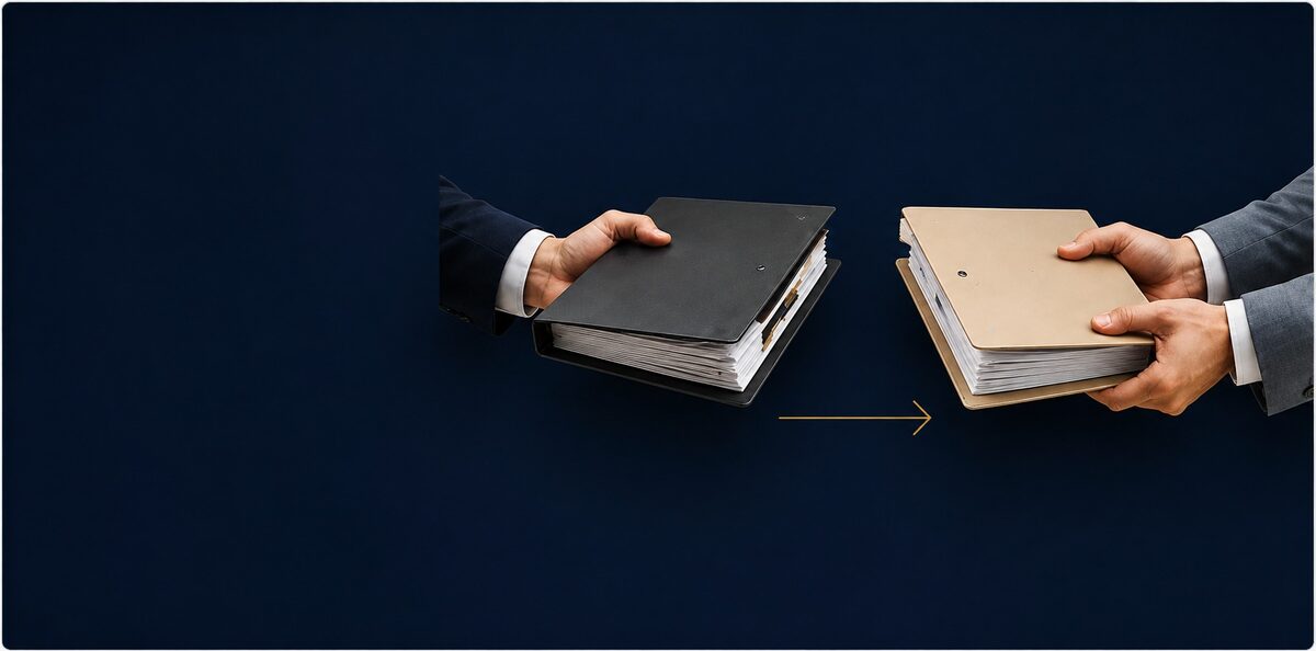 Unas manos entregando un conjunto de expedientes a otras sobre una mesa