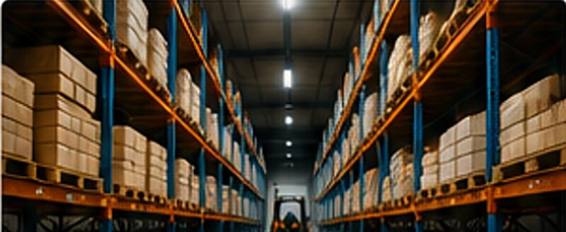 Un pasillo de un almacén de distribución con palés apilados hasta el techo