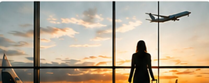 Un viajero observa despegar un avión a través de la ventana del aeropuerto al atardecer