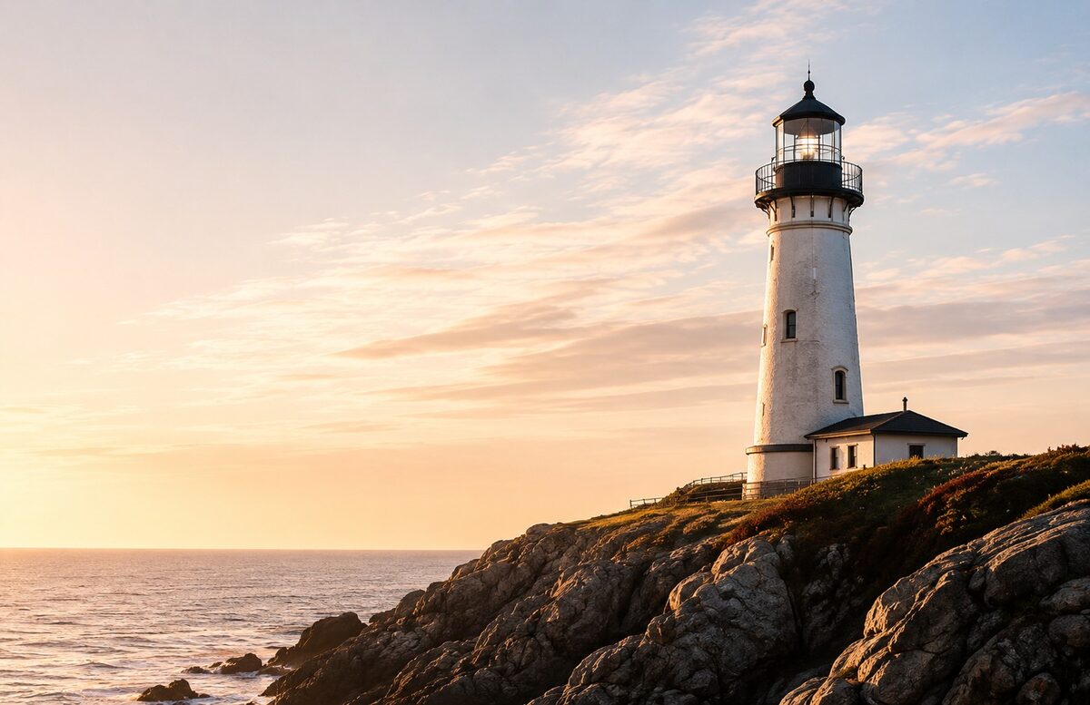 Un faro sobre el mar al atardecer, marcando el rumbo seguro